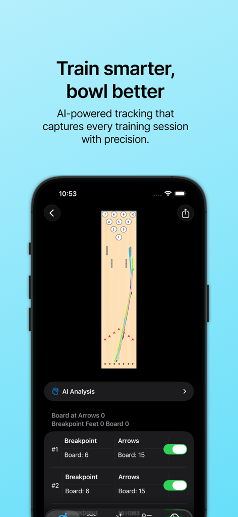 AI Bowling - AI Bowling app interface displaying automated shot tracking and analysis data on a bowling lane