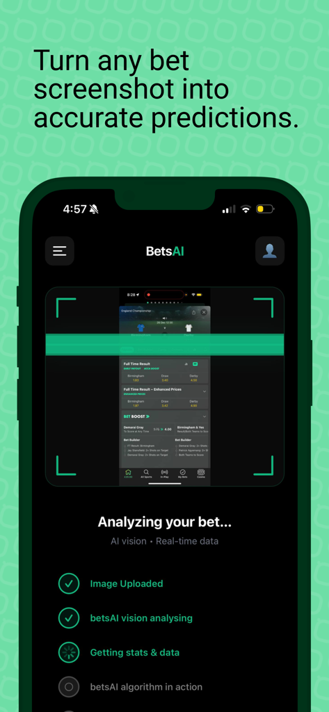 betsAI: AI Sports Prediction - betsAI mobile app interface analyzing a sports betting screenshot using computer vision