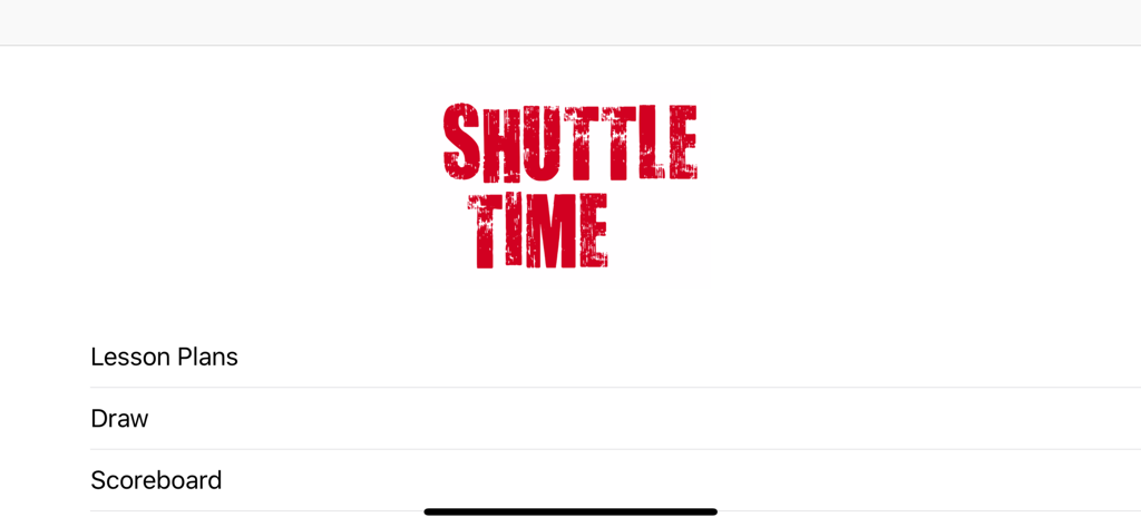 BWF Shuttle Time app main menu showing options for Lesson Plans, Draw, and Scoreboard