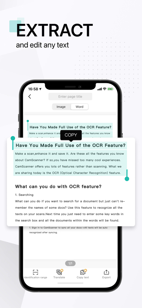 OCR 기술을 사용하여 텍스트 추출 및 편집을 보여주는 CamScanner 앱 화면