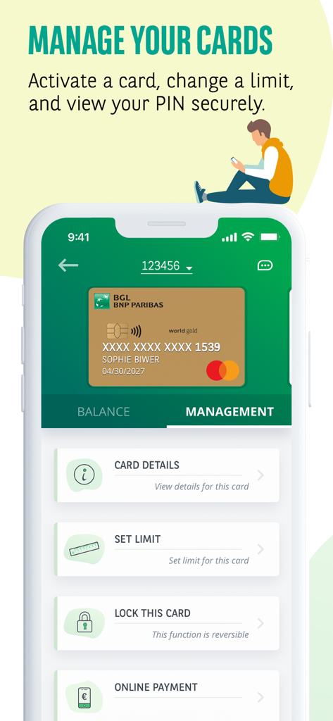 Mobile App-Bildschirm mit Optionen zur Verwaltung von Kreditkarten, wie z. B. Festlegen von Limits und Sperren einer Karte