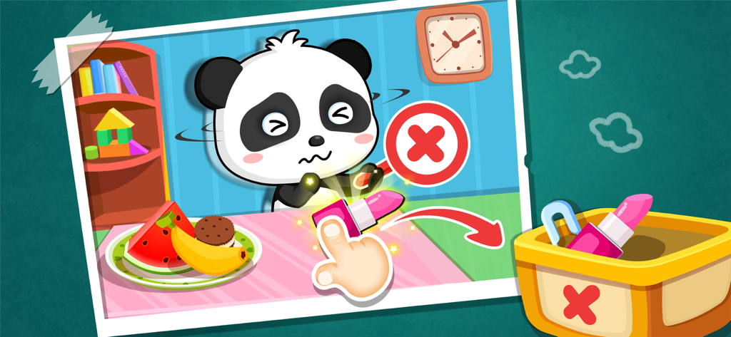 Baby panda learning not to eat non-food items like lipstick in an educational safety game.