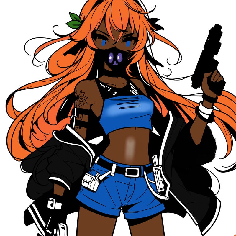 bad girl wearing crop top holding a gun long hair anime