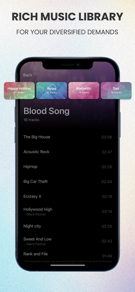 Interface of Filmigo video maker showing its extensive music library with themed categories.