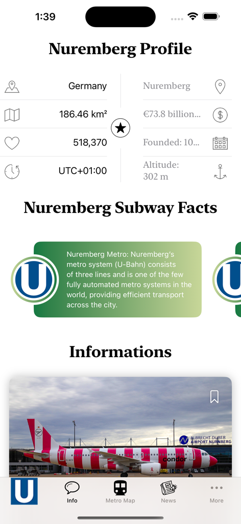 Nuremberg Subway Map - Ein Bildschirm der Nürnberg U-Bahn-Map-App, der demografische Daten der Stadt und Fakten zum U-Bahn-System anzeigt