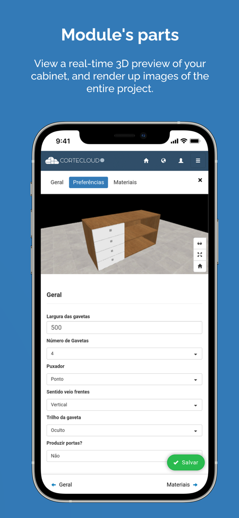 Una vista previa en 3D de un módulo de armario personalizable dentro de la aplicación móvil Cortecloud.