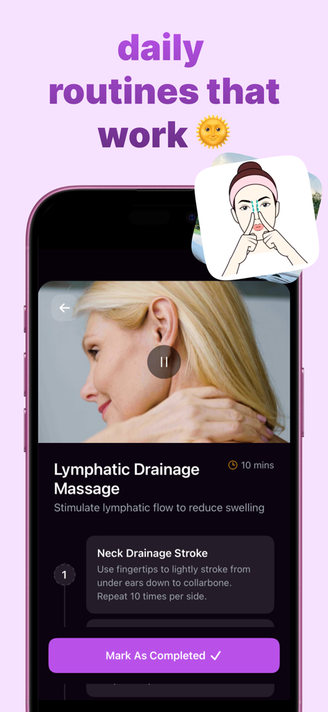 Interfaz de una aplicación móvil que muestra una rutina de masaje de drenaje linfático de 10 minutos con tutorial en video e instrucciones paso a paso