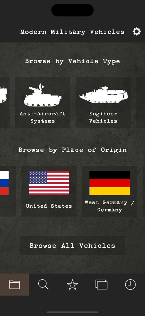 Main menu of the Modern Military Vehicles app showing browse options for vehicle types and countries of origin