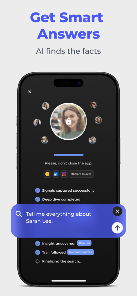AI People Finder - Find Anyone - Smartphone screen showing the AI People Finder app performing a deep search for a person across social media and public records.
