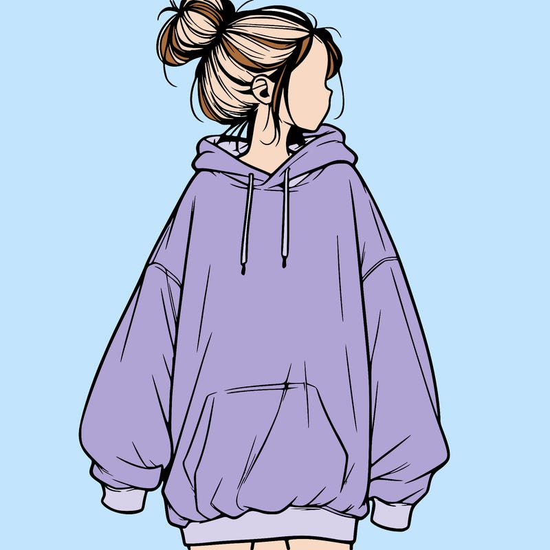realistic girl with a oversized sweatshirt on and a bun