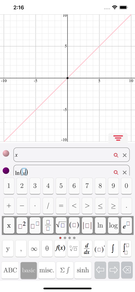 Symbolab app interface showing a linear function graph and a mathematical keyboard for entering equations