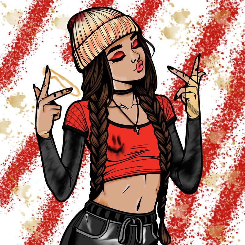 realistic teenage girl with braids and a beanie and crop top doing 🫶🏼