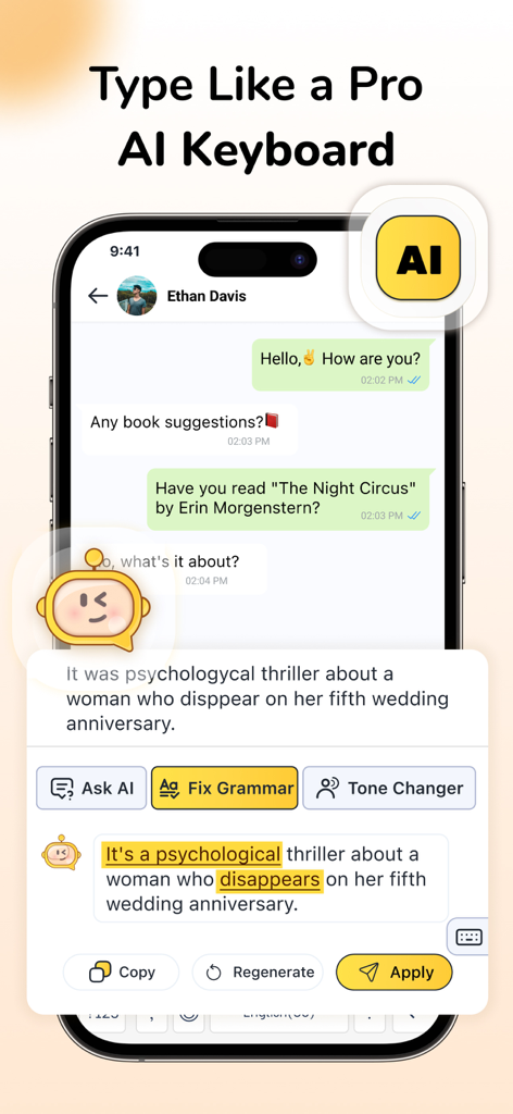 Font & Emoji Keyboard: FotoAI - Tela de smartphone mostrando o aplicativo Teclado FotoAI usando IA para corrigir erros gramaticais e de ortografia em uma conversa de chat