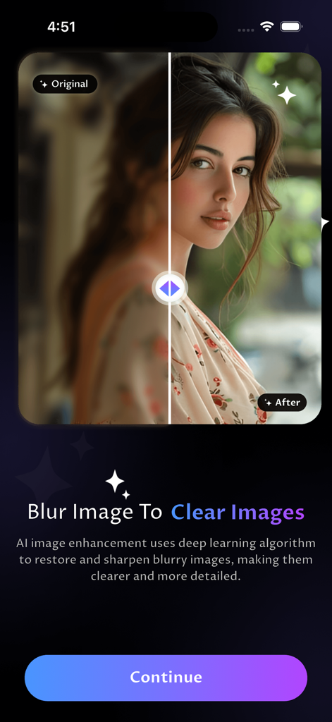 Geteilter Bildschirm, der ein unscharfes Originalfoto und eine scharfe, KI-verbesserte Version eines Frauenporträts zeigt.
