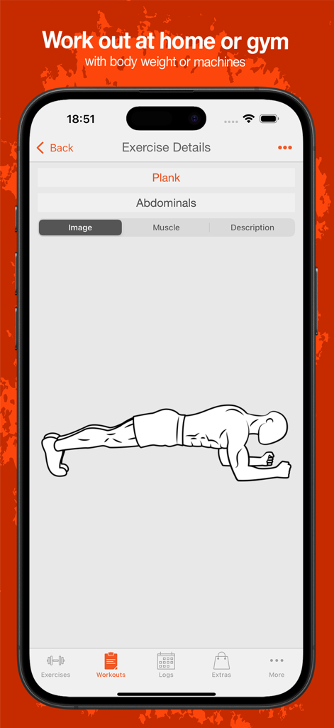 Interfaz de la app Fitness Point mostrando detalles del ejercicio de plancha e ilustración masculina para entrenamiento abdominal