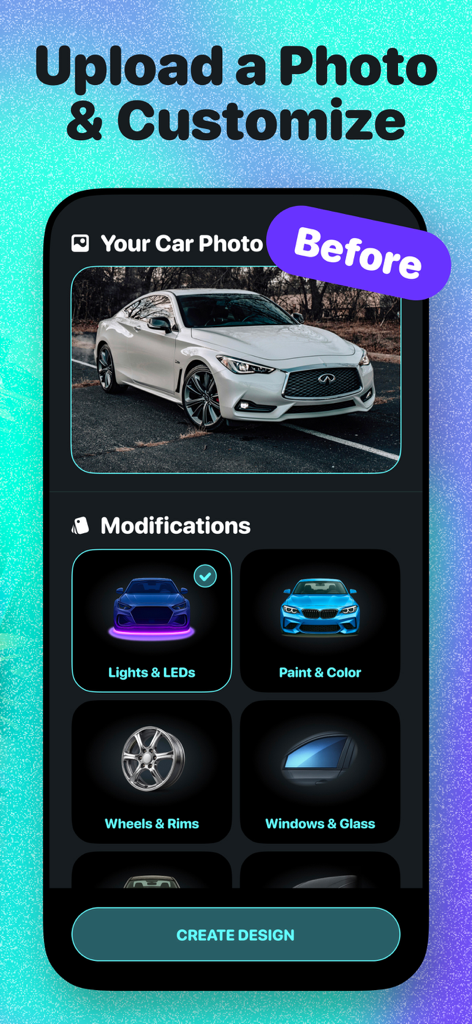 AI Car Design Generator - Interfaccia dell'app AI Car Design Generator che mostra il caricamento della foto e le opzioni di modifica come LED e verniciatura