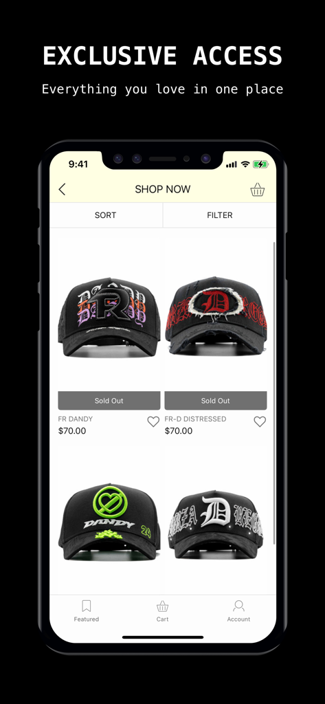 Aplicación de compras móvil DandyHats que muestra gorras exclusivas de streetwear