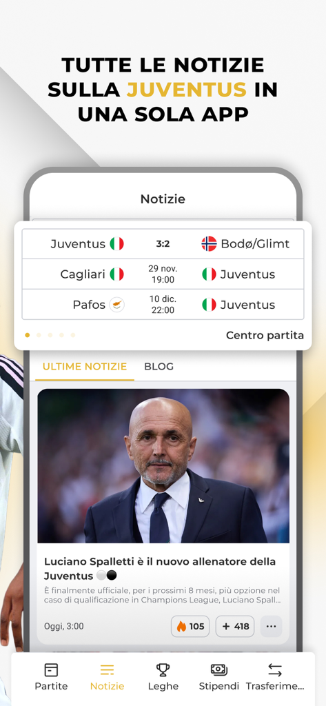 Pantalla de la aplicación Bianconeri Live que muestra noticias de la Juventus y resultados de partidos en vivo