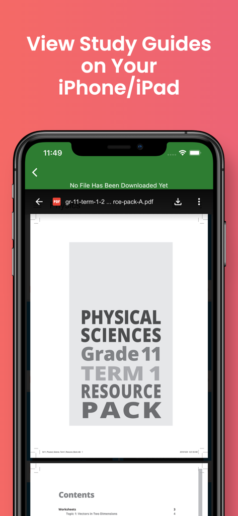 Smartphone screen displaying a Physical Sciences Grade 11 resource pack PDF inside the study app