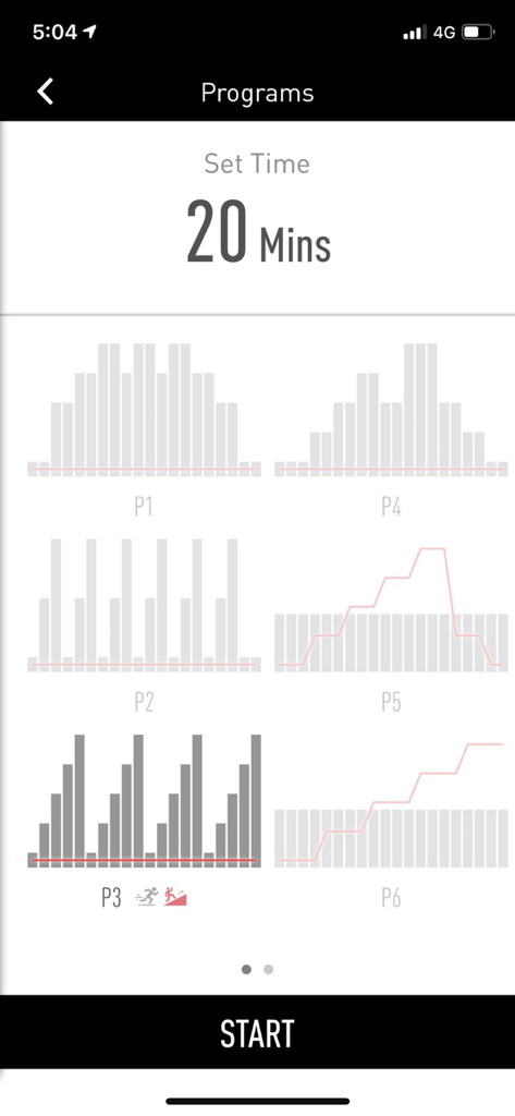 Reebok Cardio Equipment - Mobile screen showing various cardio workout program profiles and a set time of twenty minutes