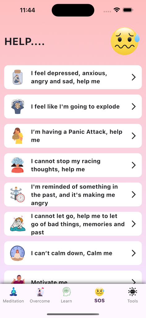 Calmify: Anger Management - CalmifyアプリのSOSインターフェース。怒り、パニック発作、思考の乱れを管理するためのクイックオプションが表示されています。