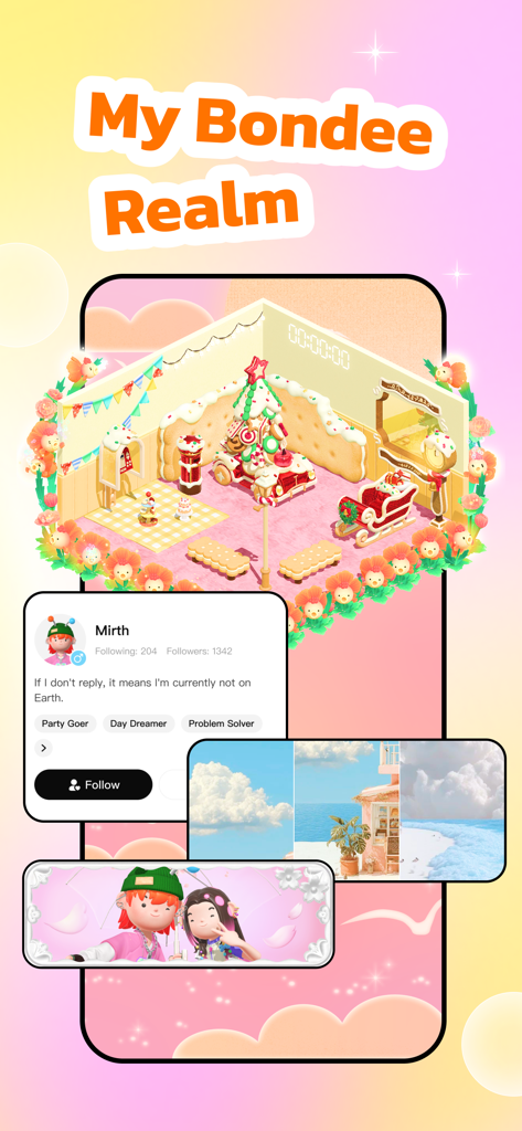 Bondee - Play, Chat, Bond - Bondeeアプリのインターフェースに、ピンク色に装飾された仮想ルームとMirthのユーザープロファイルカードが表示されている様子