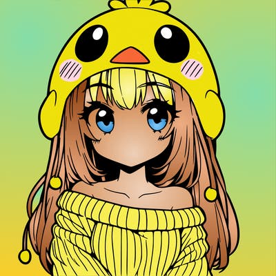 anime girl with chick shaped hat with sweater with bare shoulders with bangs covering them one eye with low tail