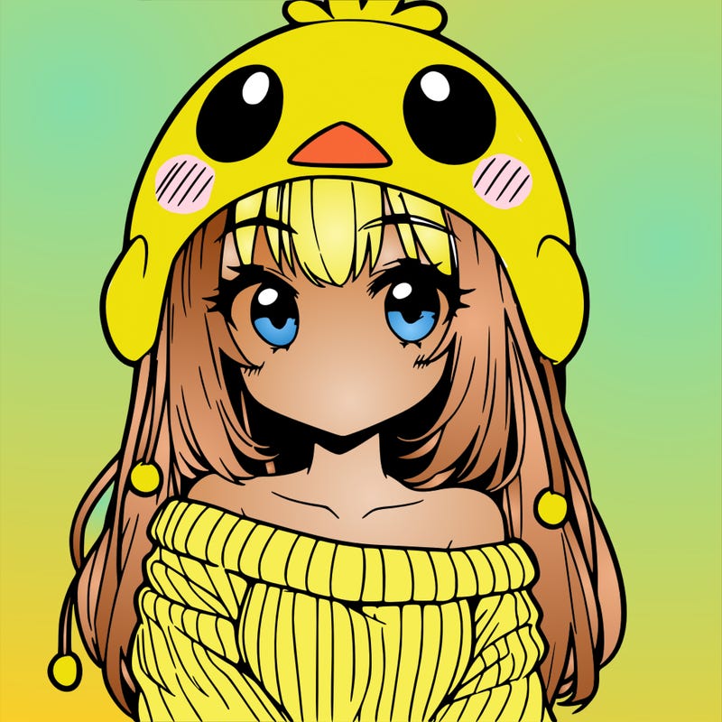 anime girl with chick shaped hat with sweater with bare shoulders with bangs covering them one eye with low tail