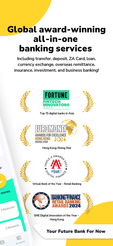 ZA Bank showcase of global fintech and banking awards from Fortune and Euromoney