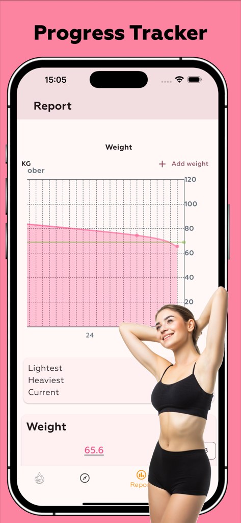 Women Workout - Burn Belly Fat - Una pantalla de seguimiento de progreso de pérdida de peso que muestra un gráfico de tendencia descendente en la interfaz de un teléfono móvil.