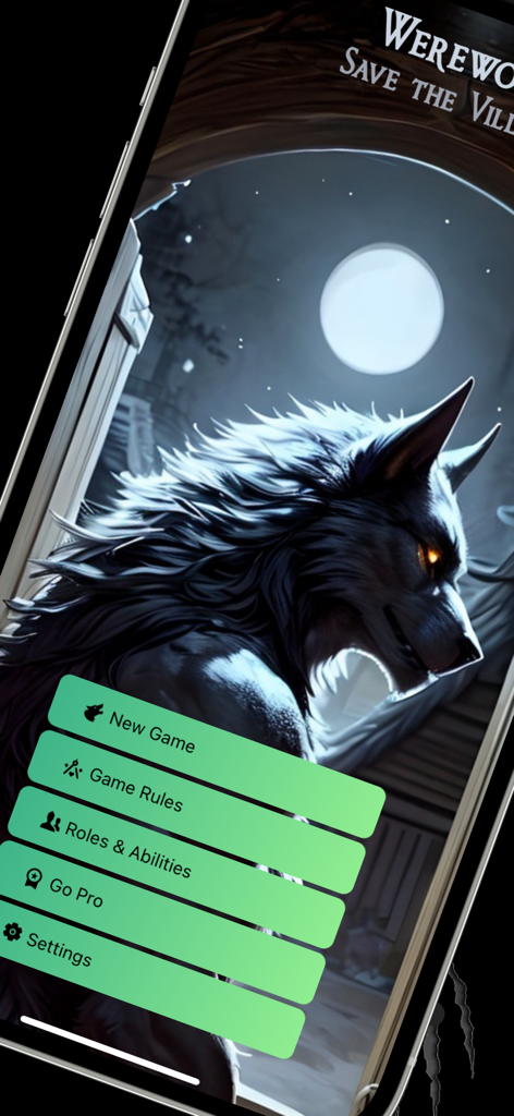 보름달 아래 늑대인간과 게임 옵션이 있는 Werewolf Mafia Offline Game 앱의 메인 메뉴.