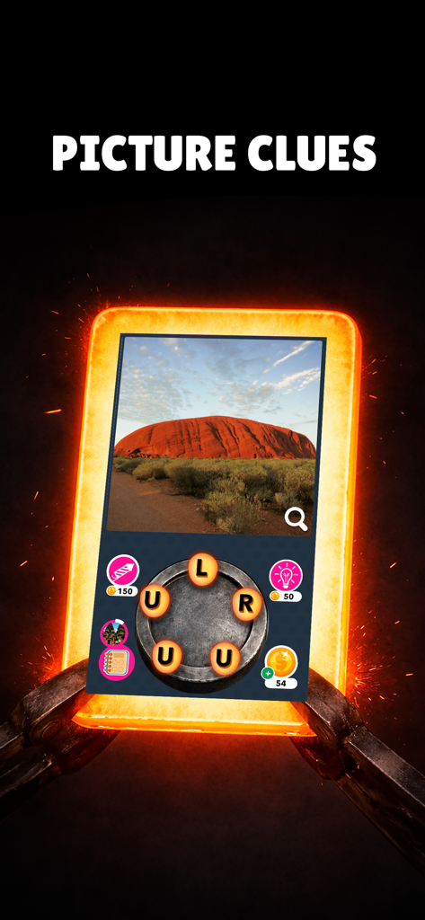 Interfaz del juego móvil Word Forge con una pista visual de Uluru y una rueda de letras para resolver crucigramas.