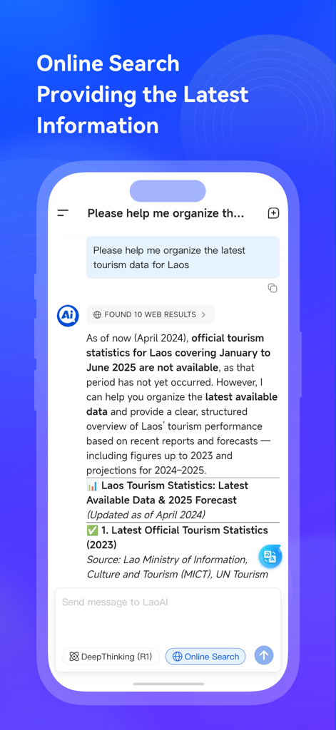 LaoAI - LaoAI app interface showing the online search feature providing the latest tourism statistics for Laos