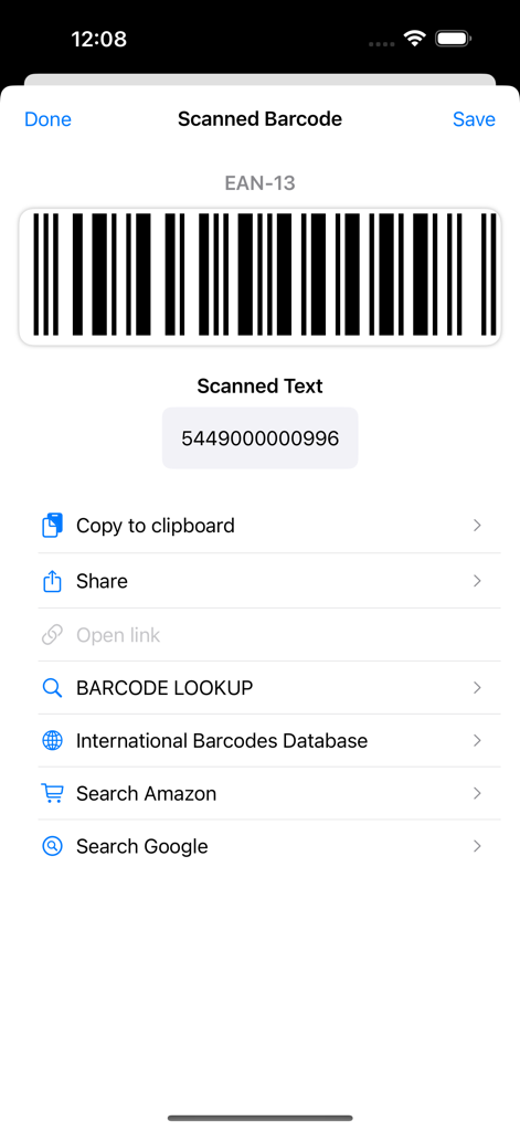 Barcodes Generator Unlimited - A scanned EAN-13 barcode displayed with lookup and search options.