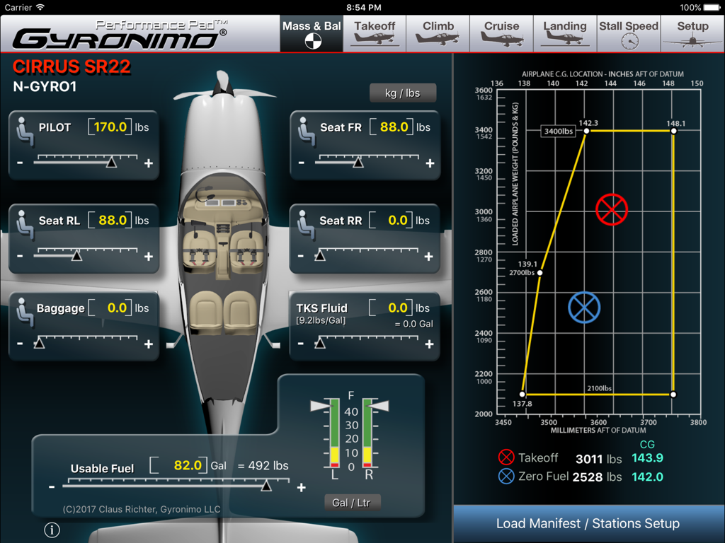 Cirrus SR22 - A screenshot of the Cirrus SR22 Performance Pad app showing weight and balance calculations with adjustable sliders and a center of gravity envelope graph.