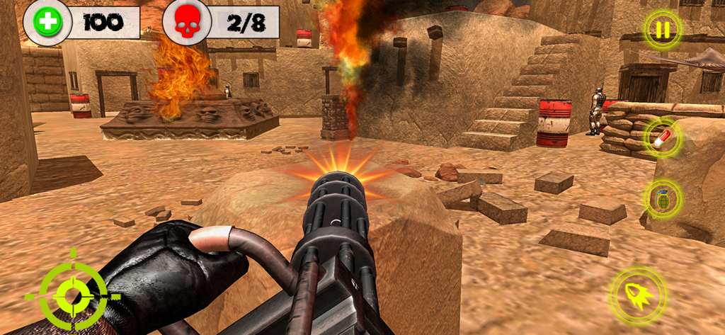 First person shooter gameplay with a heavy machine gun in a desert battlefield
