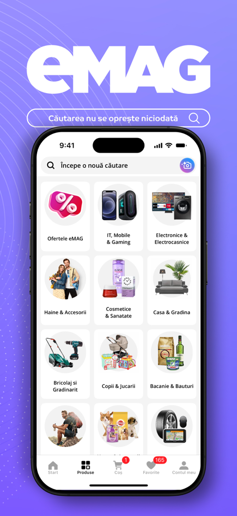 eMAG mobile app homepage showing shopping categories on an iPhone screen
