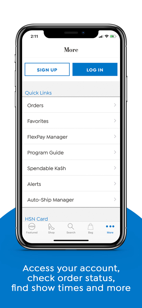 HSN: Shopping App for Deals - HSN mobile app account screen showing quick links for orders flexpay manager and program guide