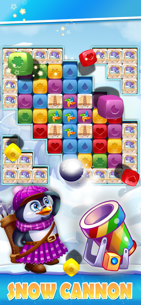 Pantalla de juego de Penguin Pals Arctic Rescue con un potenciador de cañón de nieve y un adorable personaje de pingüino