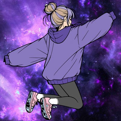 realistic girl jumping with a bun and oversized sweatshirt