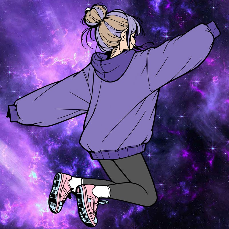 realistic girl jumping with a bun and oversized sweatshirt