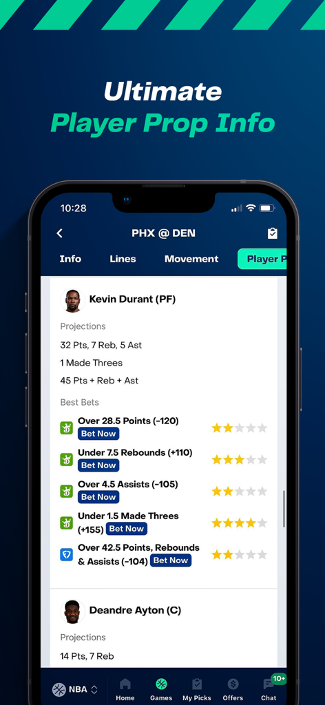 BetQL - Sports Betting - BetQL app interface showing NBA player prop info and star-rated betting picks