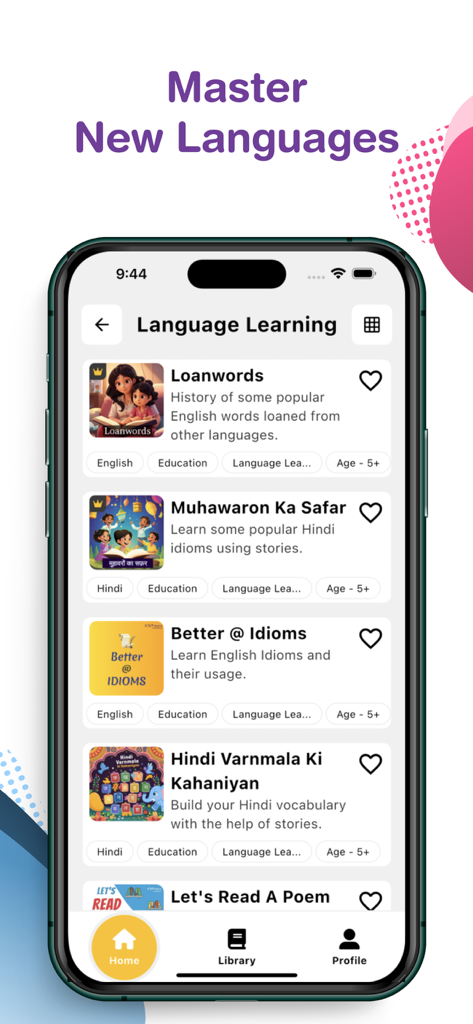 Chimes: Kids Audio Stories - A library screen of the Chimes app showing various language learning audio stories for children in Hindi and English