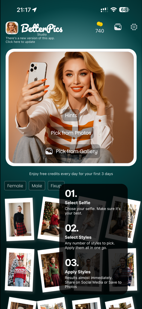 BetterPics Studio Photoshoot - BetterPics Studio app home screen showing instructions to upload a selfie and apply AI styles for professional portraits