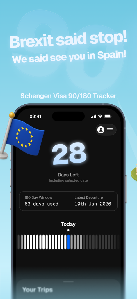 90 Days in Europe - Mobile app interface of the 90 Days in Europe tracker showing 28 days left on a Schengen visa calculator