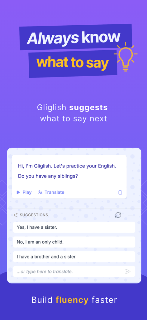 Interfaccia dell'app Gliglish che mostra suggerimenti di risposte basati sull'AI per una conversazione di apprendimento linguistico sui fratelli.