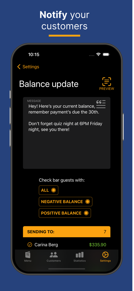 Bartab mobile app interface for sending balance update notifications to bar guests