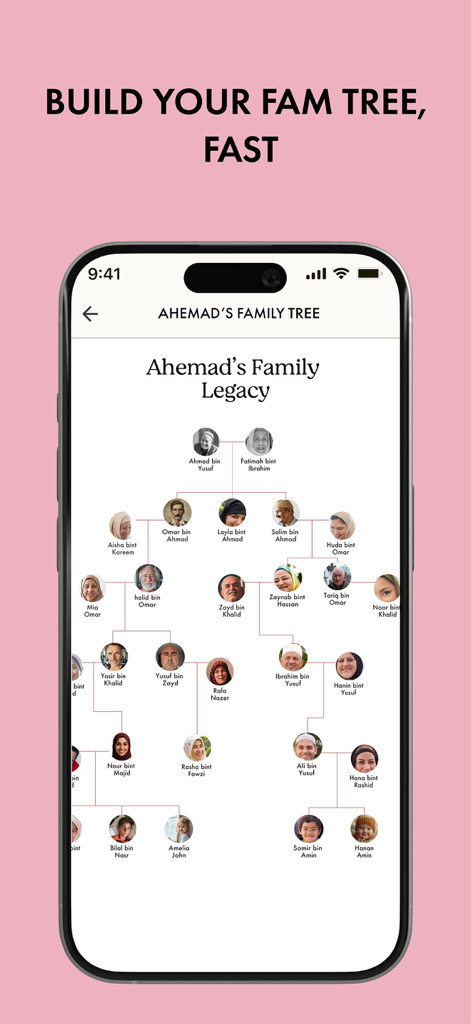 A digital family tree visualization on a smartphone screen