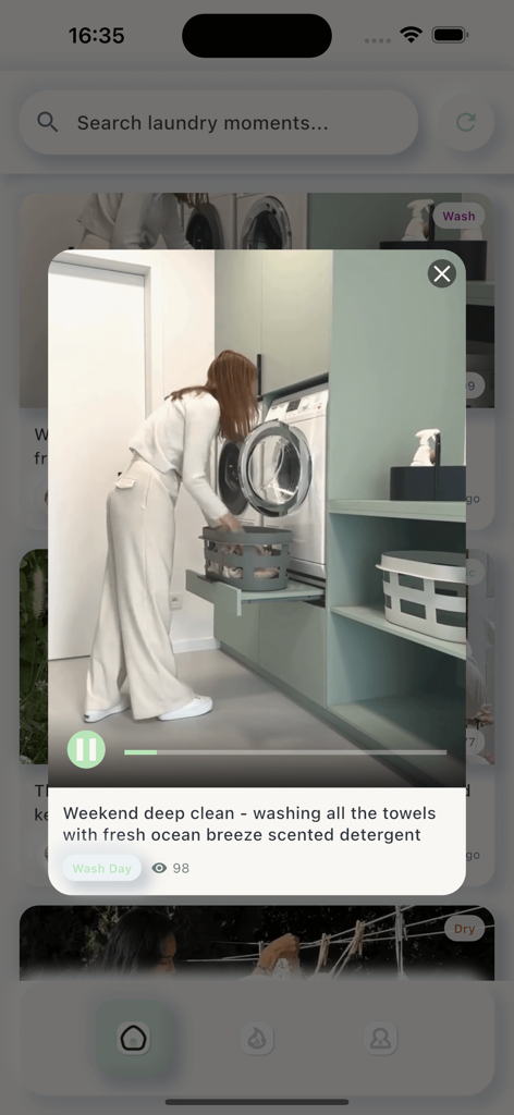 Lania app interface showing a video post of a woman loading a washing machine for a weekend deep clean ritual