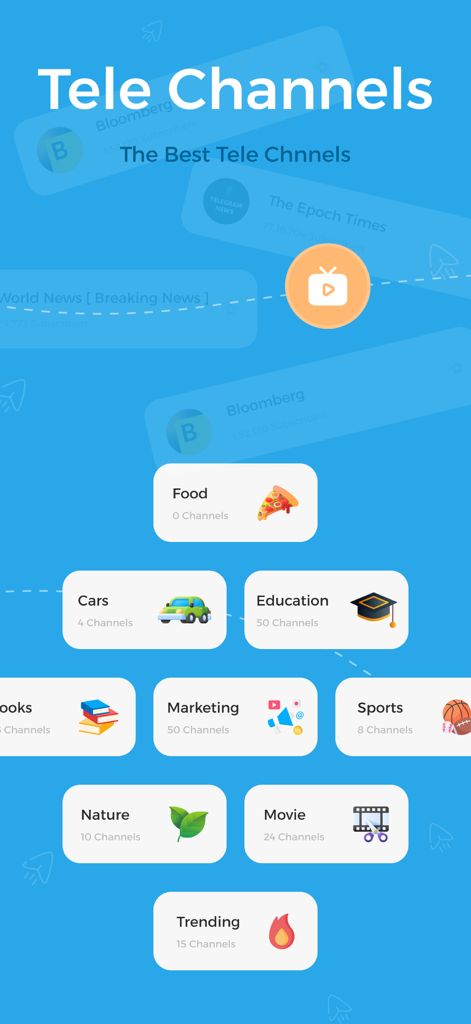 Capture d'écran de l'application Tele Tools affichant diverses catégories de chaînes Telegram à découvrir